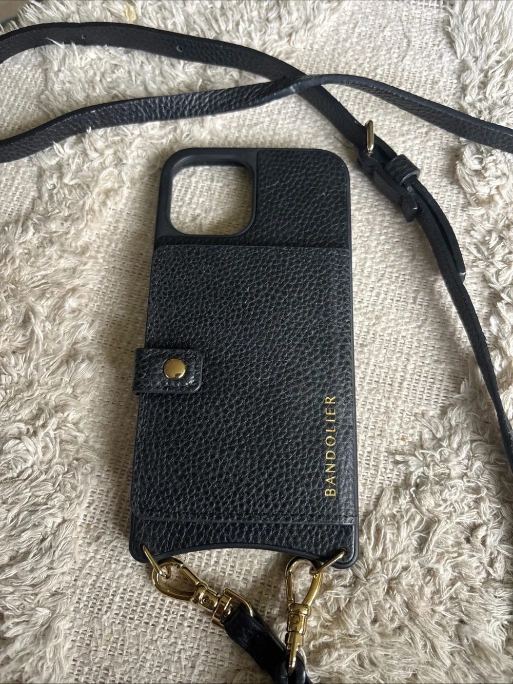 Bandolier Black Leather Crossbody Phone Wallet Gold Hardware iPhone 15 plus